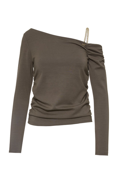 Camisola de um ombro só com corrente preta - BSB