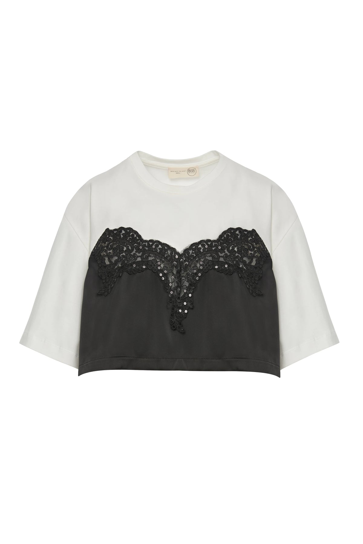 Blusa curta de manga curta com tecidos mistos em preto - BSB