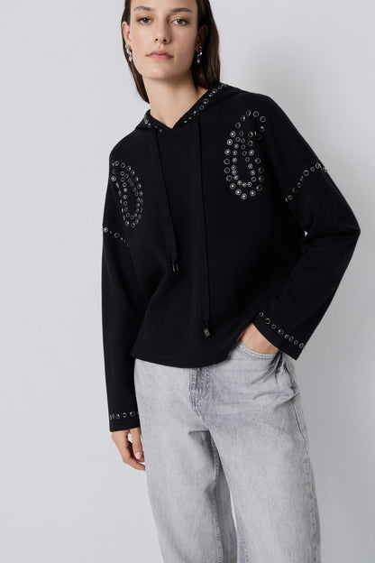 Sweat com capuz e adornos de strass em preto - BSB