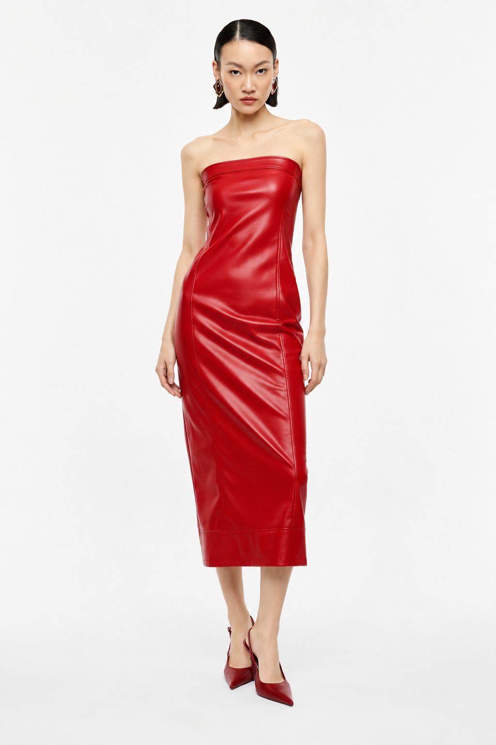 Vestido midi sem alças com decote reto - Imperial