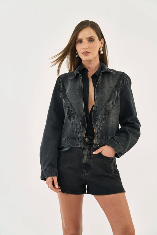 Jaqueta Slim Jeans Com Franjas - Colcci