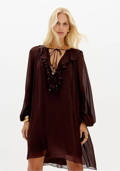 Vestido Curto Chiffon Mangas Longas - Lança Perfume