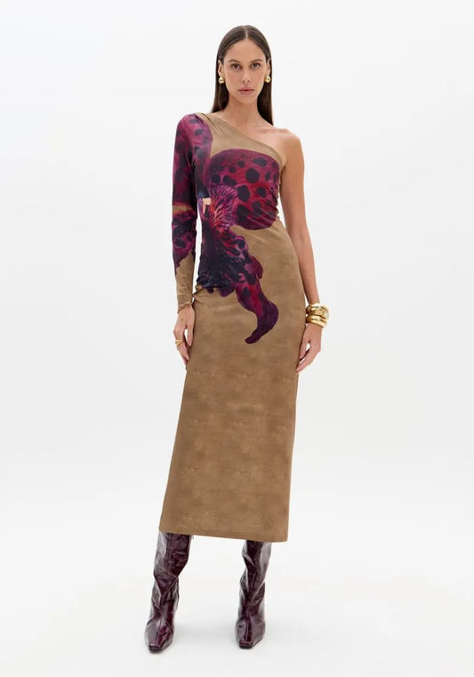 Vestido Super Midi Estampado Ombro Único - Lança Perfume