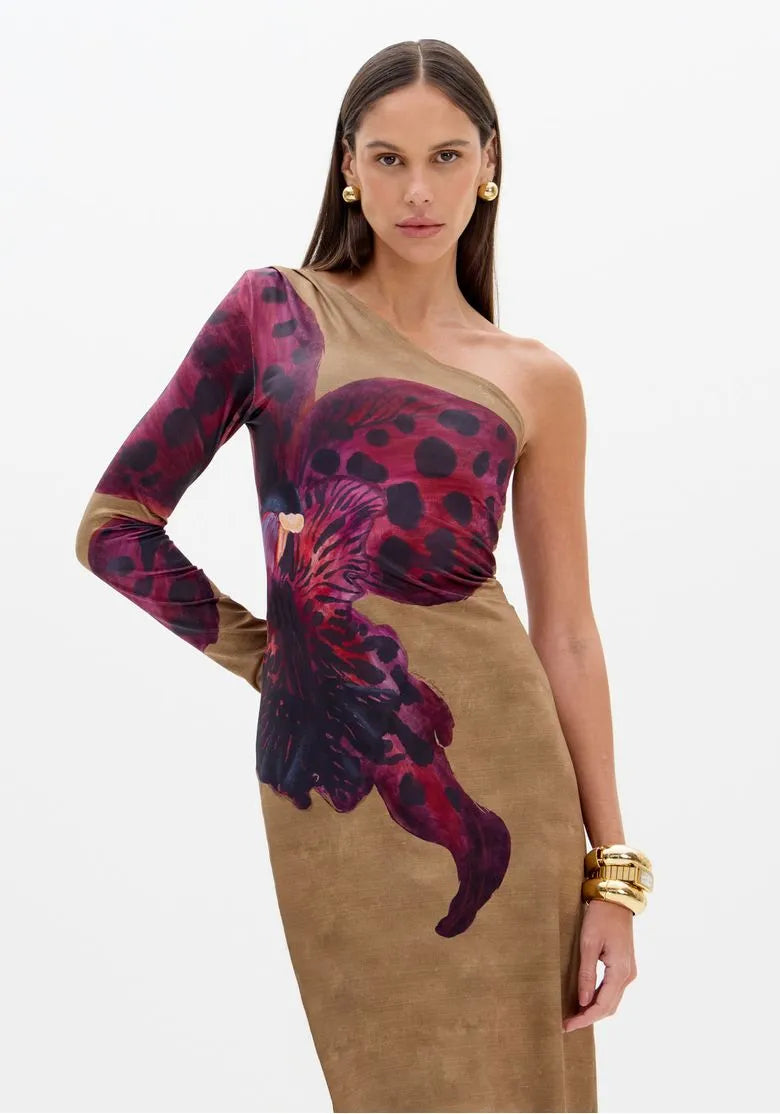 Vestido Super Midi Estampado Ombro Único - Lança Perfume