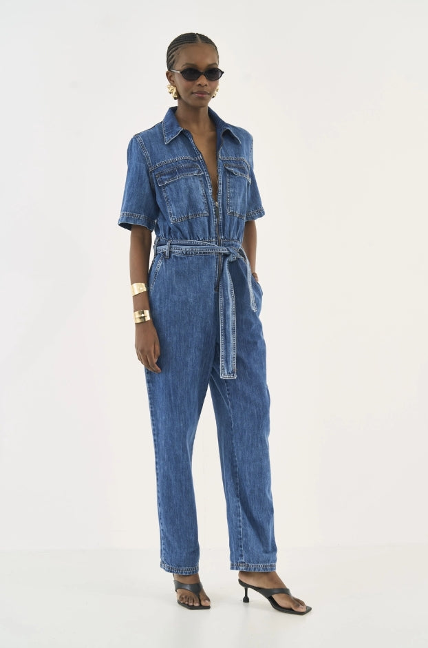 Macacão Jeans Com Faixa Acinturada - Colcci