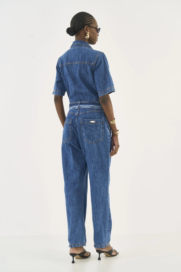 Macacão Jeans Com Faixa Acinturada - Colcci