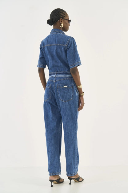 Macacão Jeans Com Faixa Acinturada - Colcci