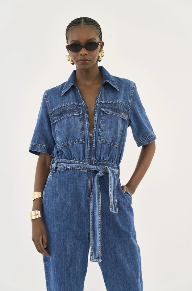 Macacão Jeans Com Faixa Acinturada - Colcci