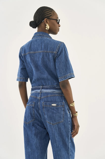 Macacão Jeans Com Faixa Acinturada - Colcci