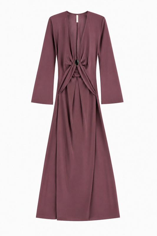 Vestido longo com drapeado e aplicação - Imperial