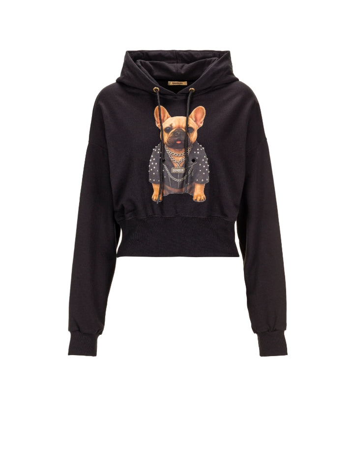 Sweatshirt cropped preta com capuz e ilustração de bulldog - Bamburi