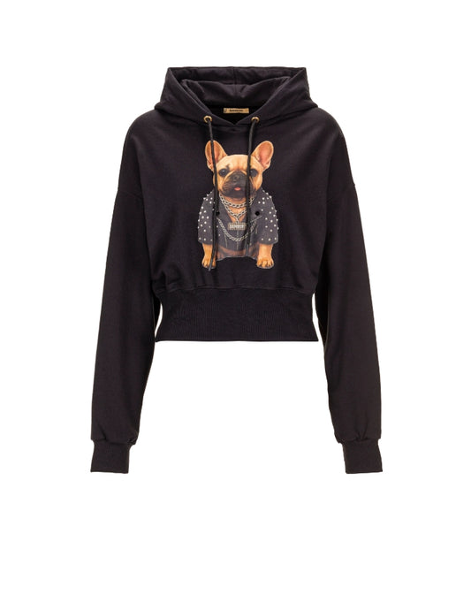 Sweatshirt cropped preta com capuz e ilustração de bulldog - Bamburi