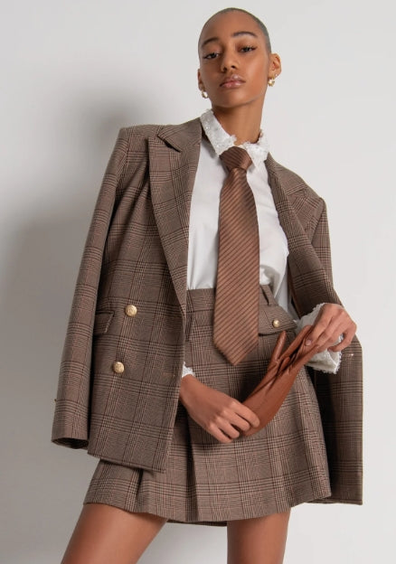 Blazer de corte regular de abotoamento duplo feito em tecido Prince of Wales - Fracomina
