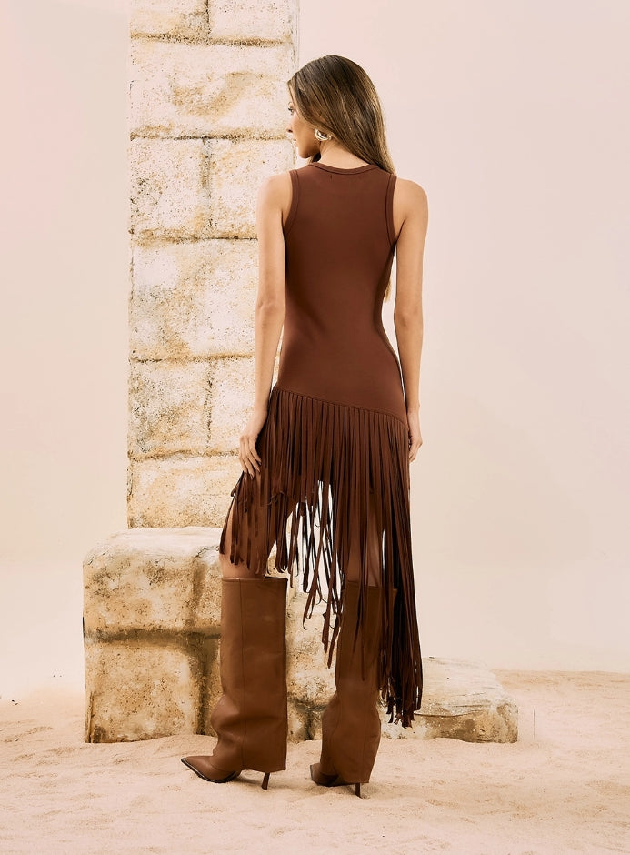 Vestido Midi Assimétrico Com Franjas - Open