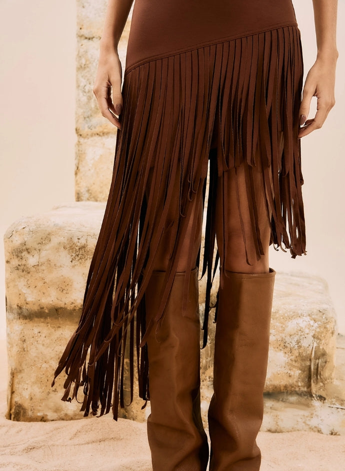 Vestido Midi Assimétrico Com Franjas - Open