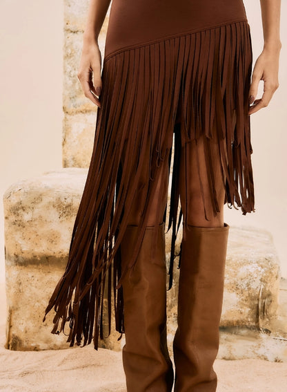 Vestido Midi Assimétrico Com Franjas - Open