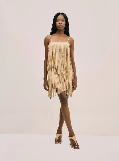 Vestido Curto Em Camurça Com Franjas - Open