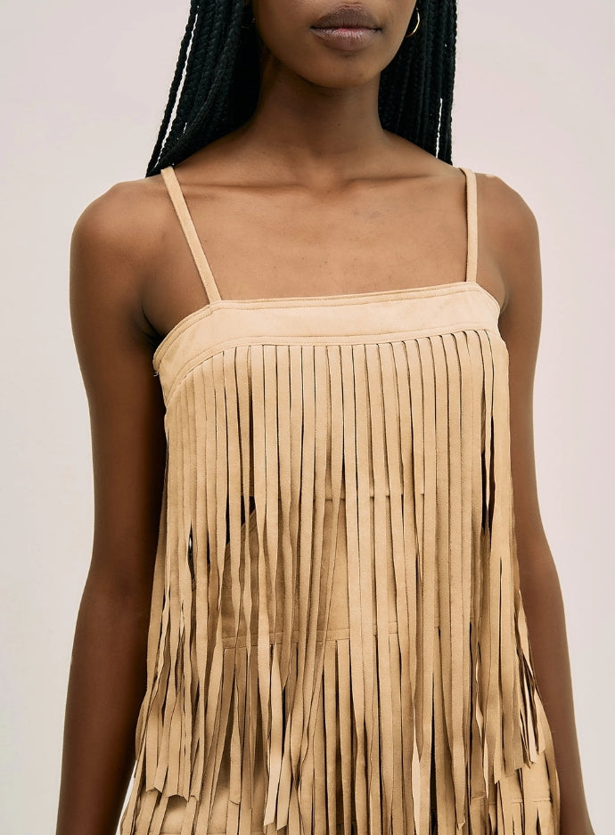 Vestido Curto Em Camurça Com Franjas - Open