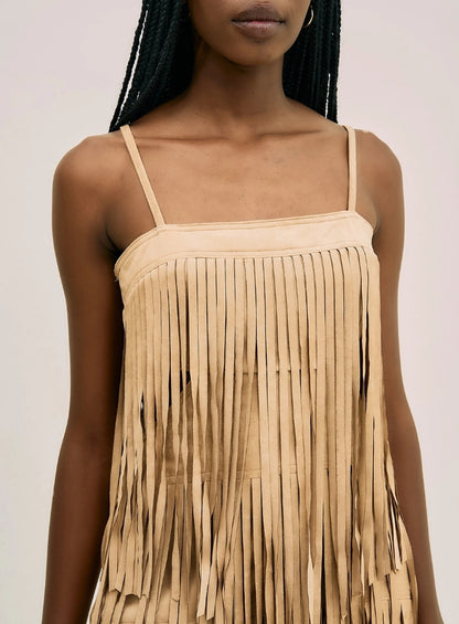 Vestido Curto Em Camurça Com Franjas - Open