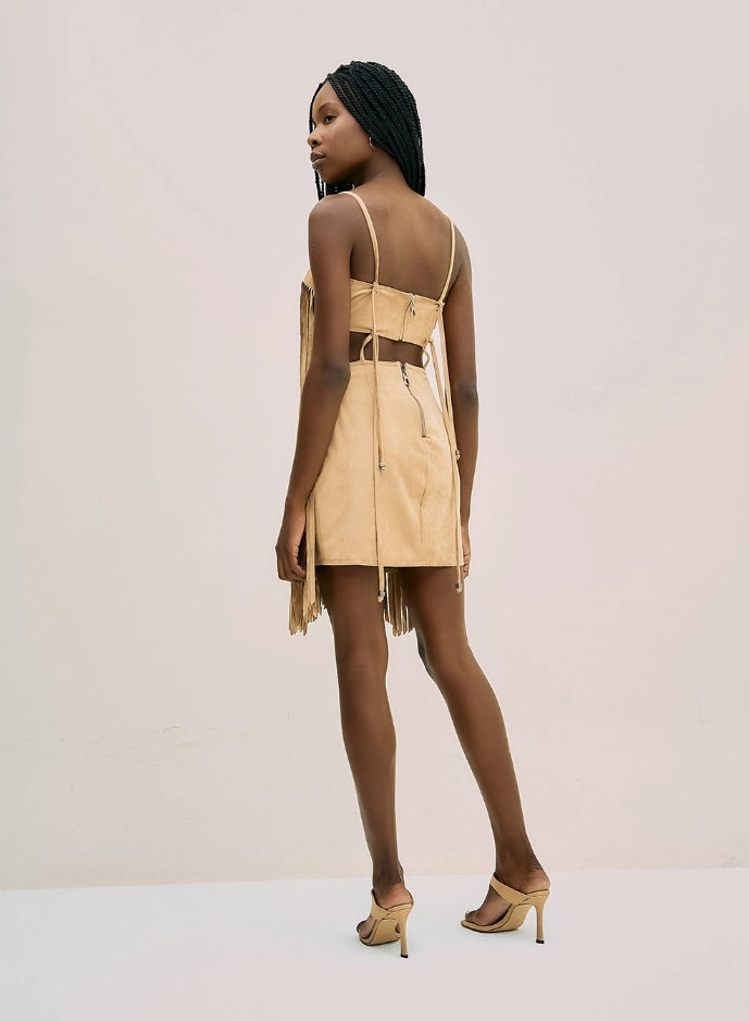 Vestido Curto Em Camurça Com Franjas - Open