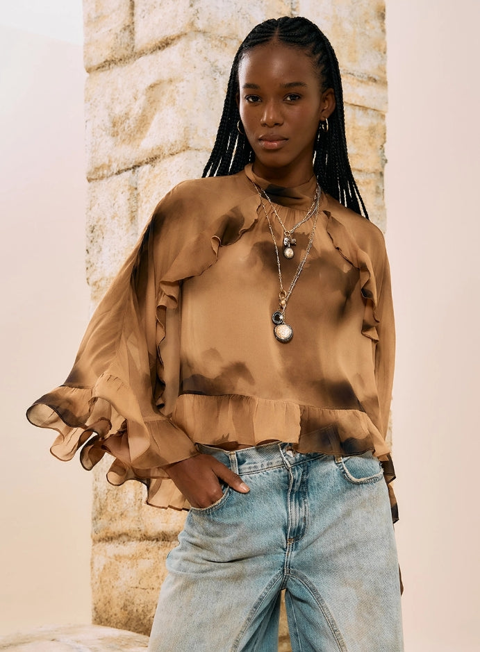 Blusa Fluída Estampada Com Folhos - Open
