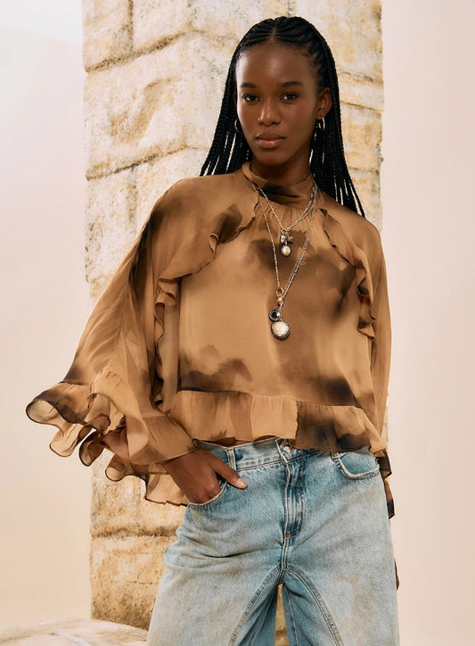 Blusa Fluída Estampada Com Folhos - Open