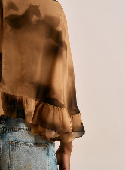 Blusa Fluída Estampada Com Folhos - Open