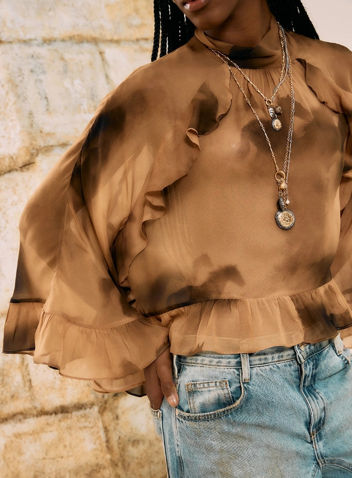 Blusa Fluída Estampada Com Folhos - Open