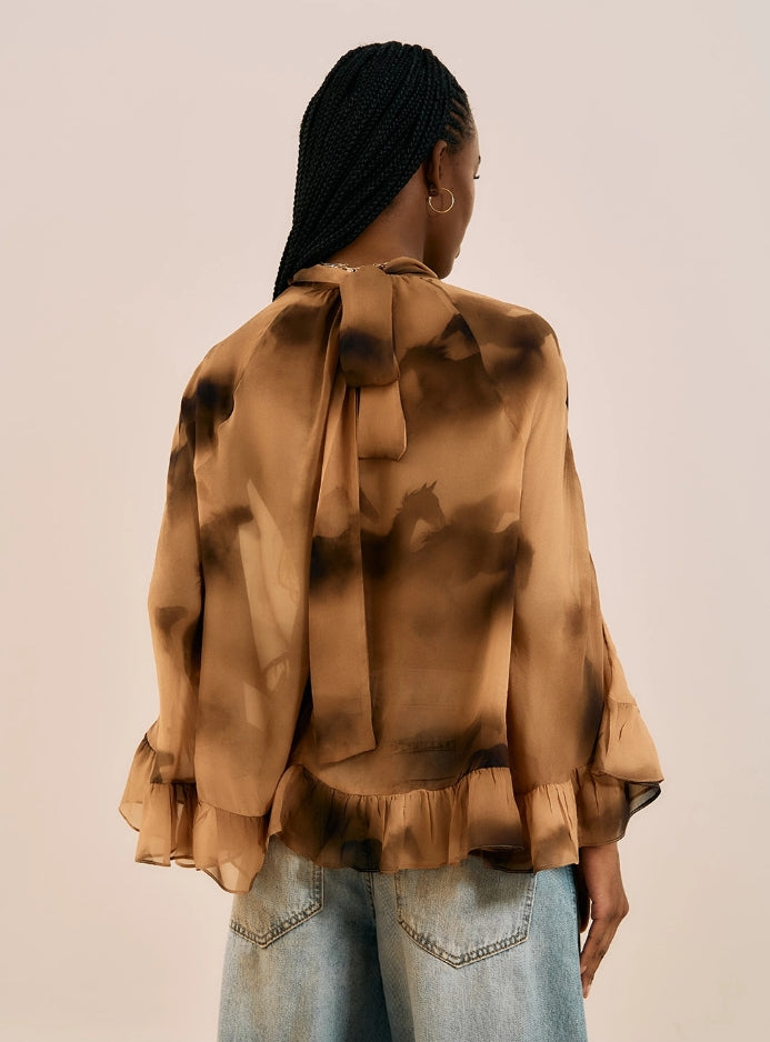 Blusa Fluída Estampada Com Folhos - Open